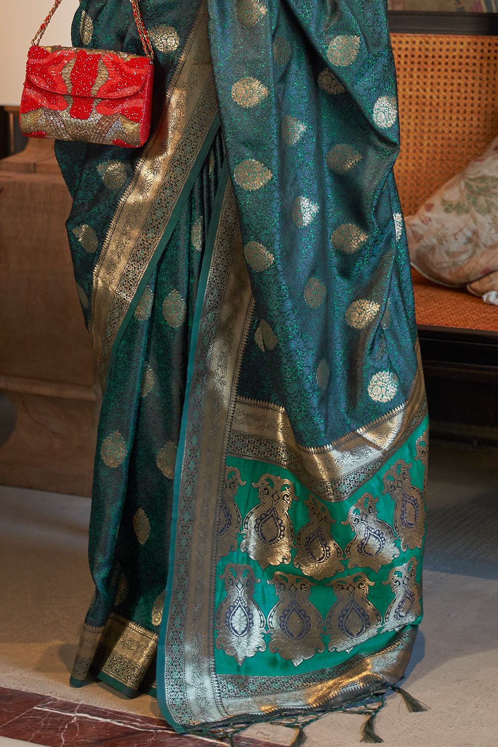 Peacock Blue Satin Saree