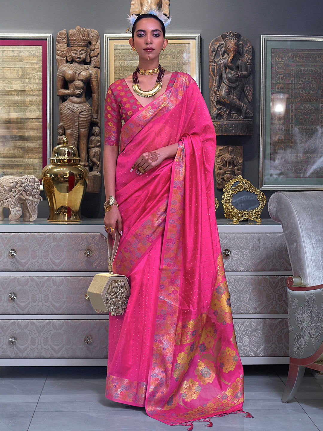 Coral Pink Organza Saree