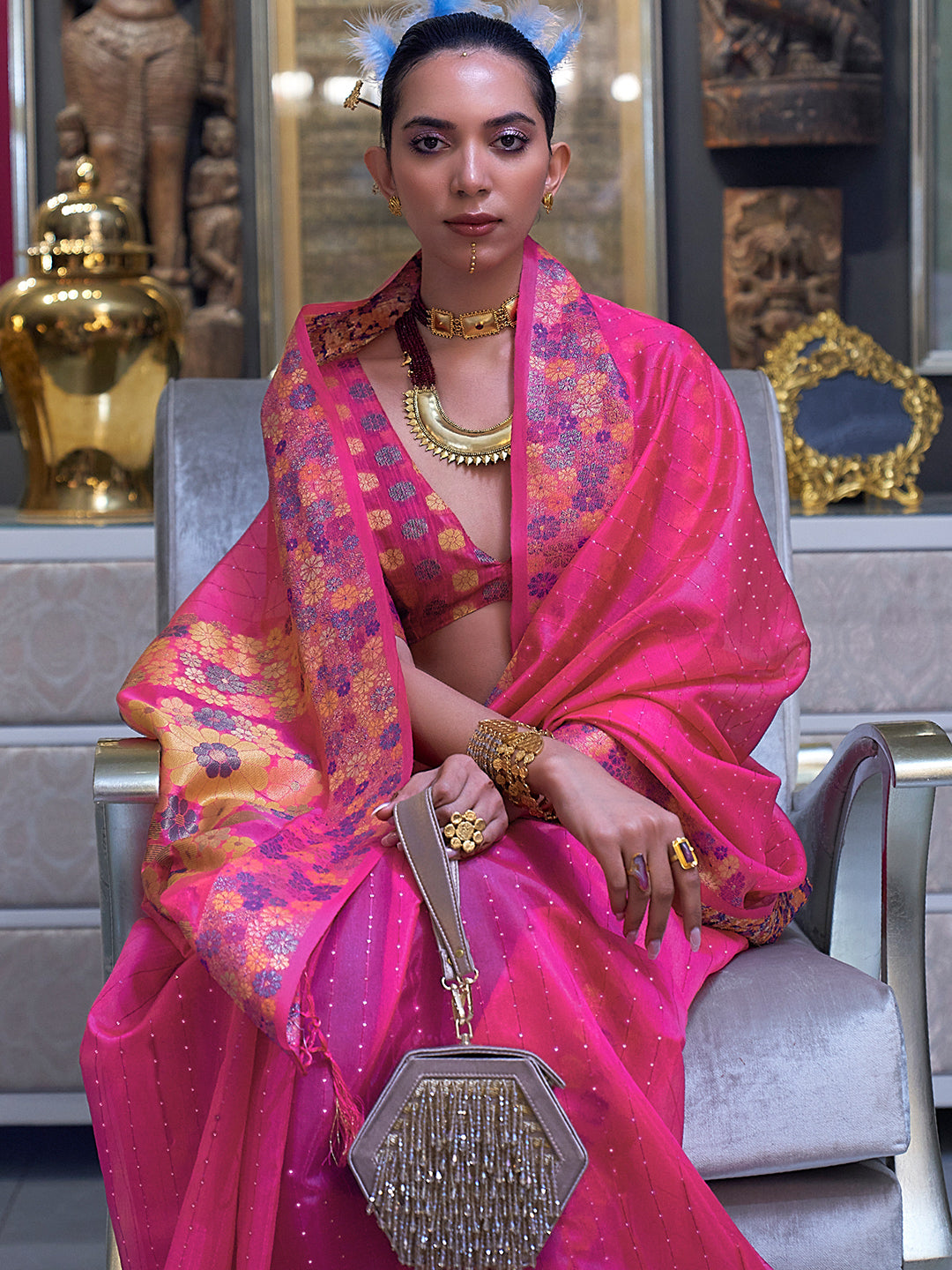 Coral Pink Organza Saree