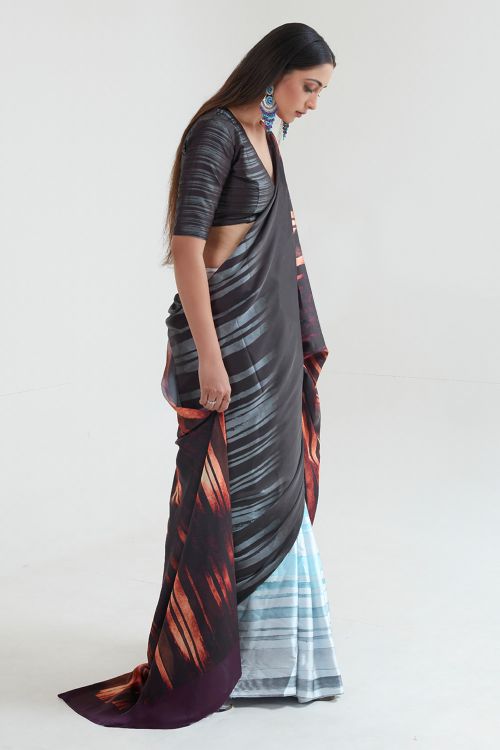 Buy Multicolor Satin Printed Saree With Blouse Piece Nitaraa