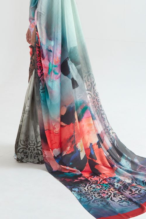 Buy Teal Silk Blend Saree Nitaraa