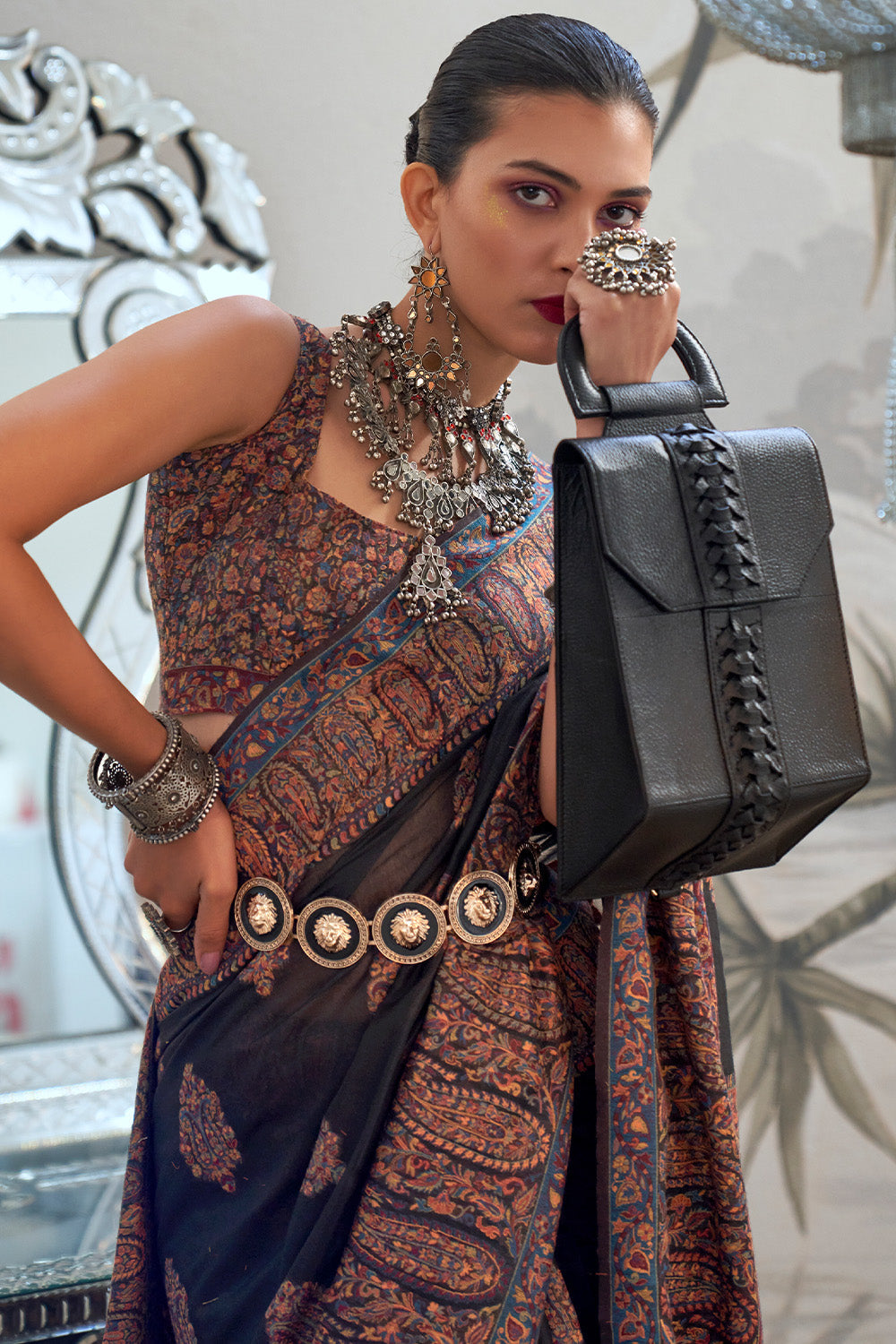 Khushi Malhotra in Black Kashmiri Silk Saree With Blouse Piece