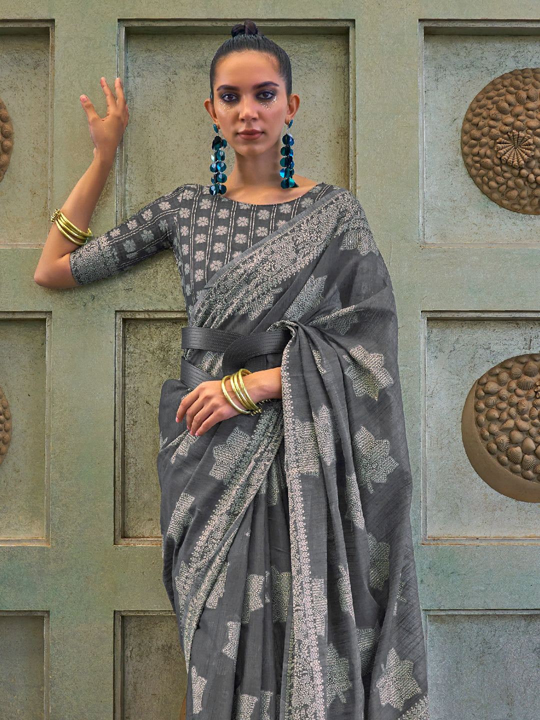 Slate Grey Cotton Lucknawi Saree