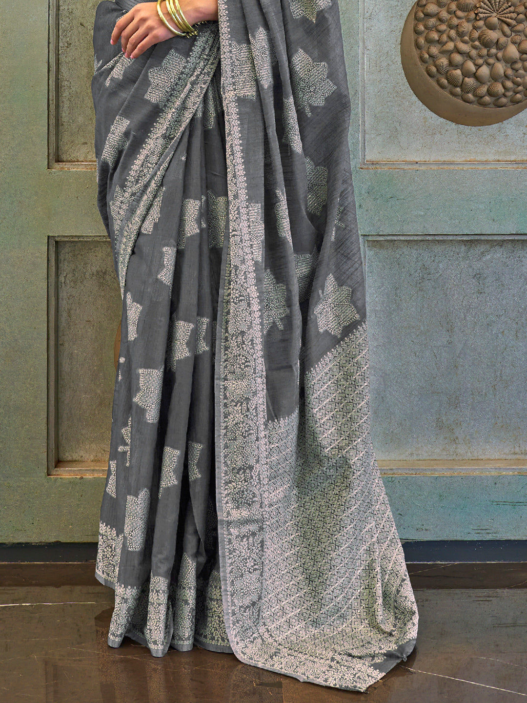 Slate Grey Cotton Lucknawi Saree