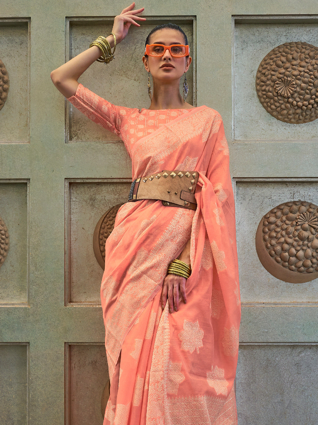 Cantaloupe Peach Cotton Lucknawi Saree