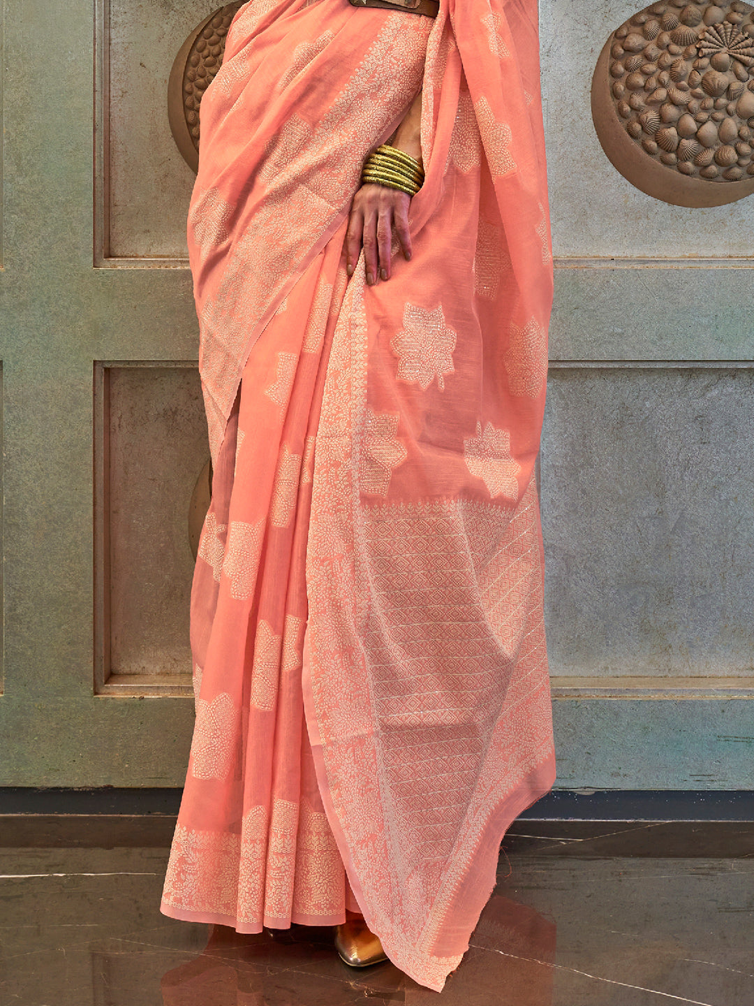 Cantaloupe Peach Cotton Lucknawi Saree