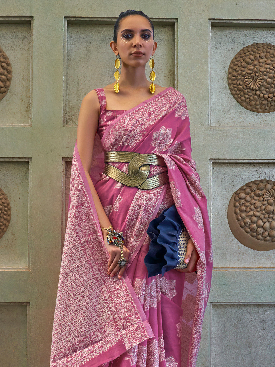 Rose Pink Cotton Lucknawi Saree