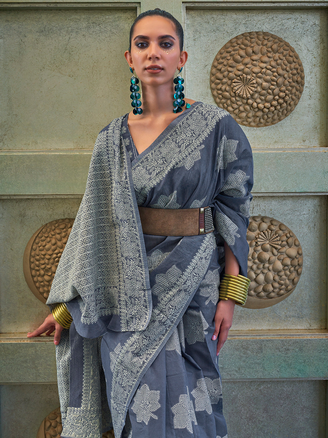 Dusky Blue Cotton Lucknawi Saree