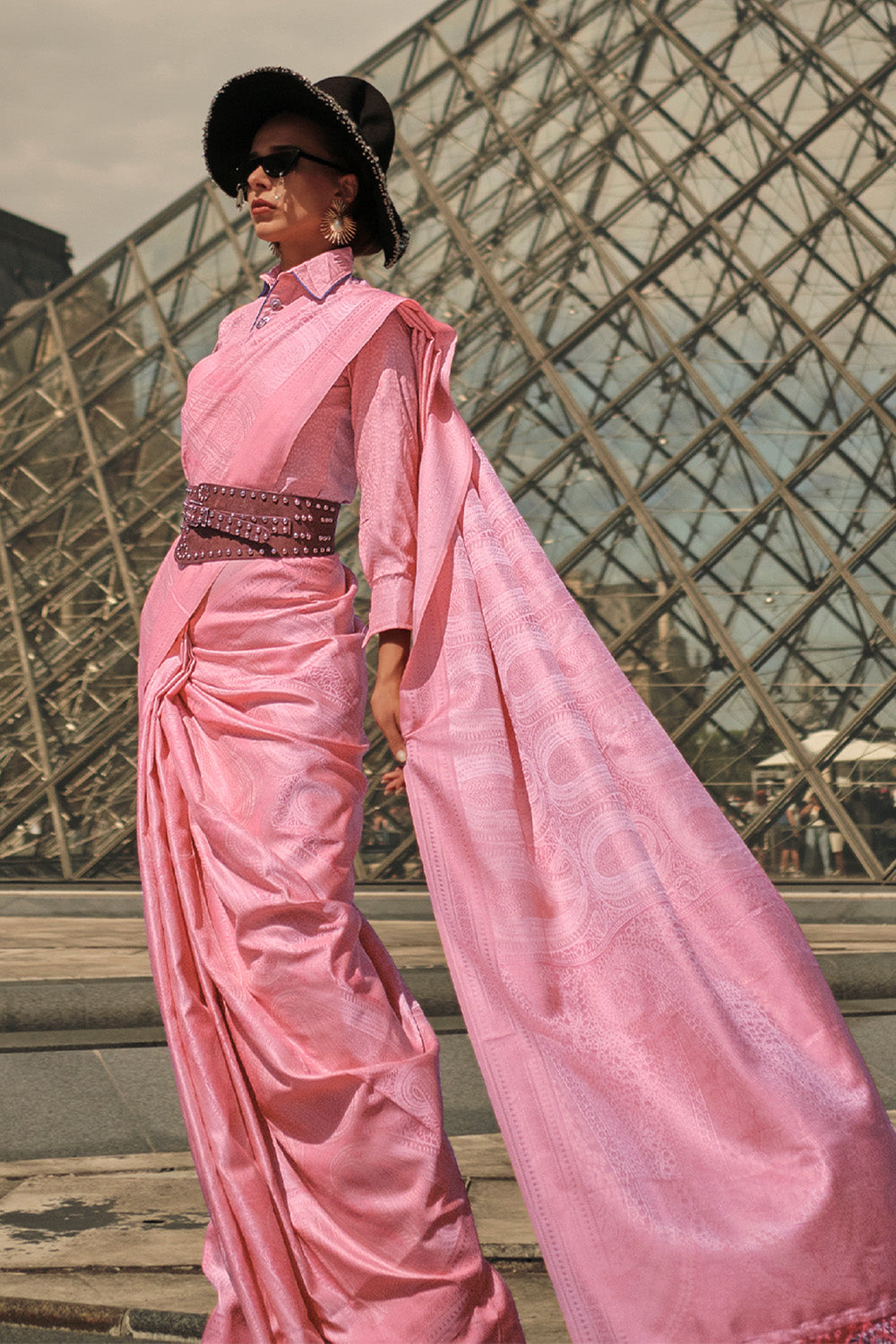Pink Satin Silk Saree With Blouse Piece