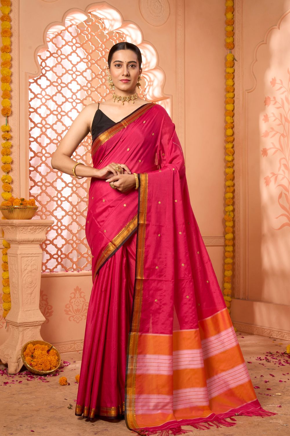Buy Peach Zari based Silk Saree With Blouse Piece Nitaraa