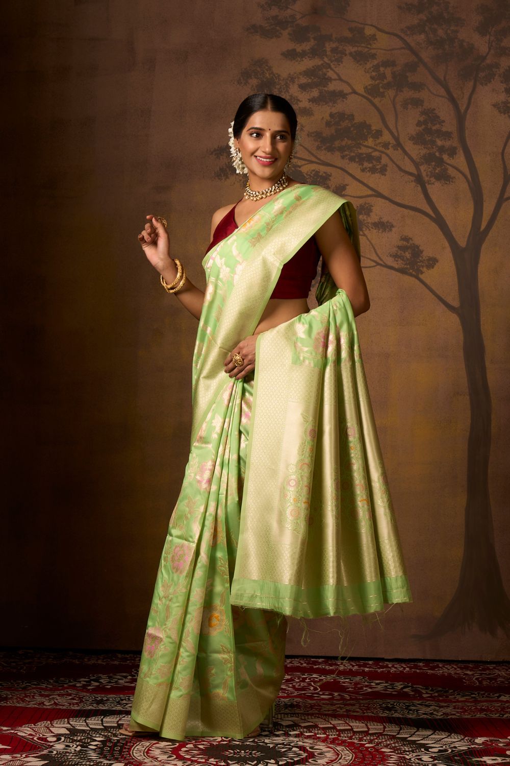 Buy Beige Satin Banarasi Silk Saree With Blouse Piece Nitaraa