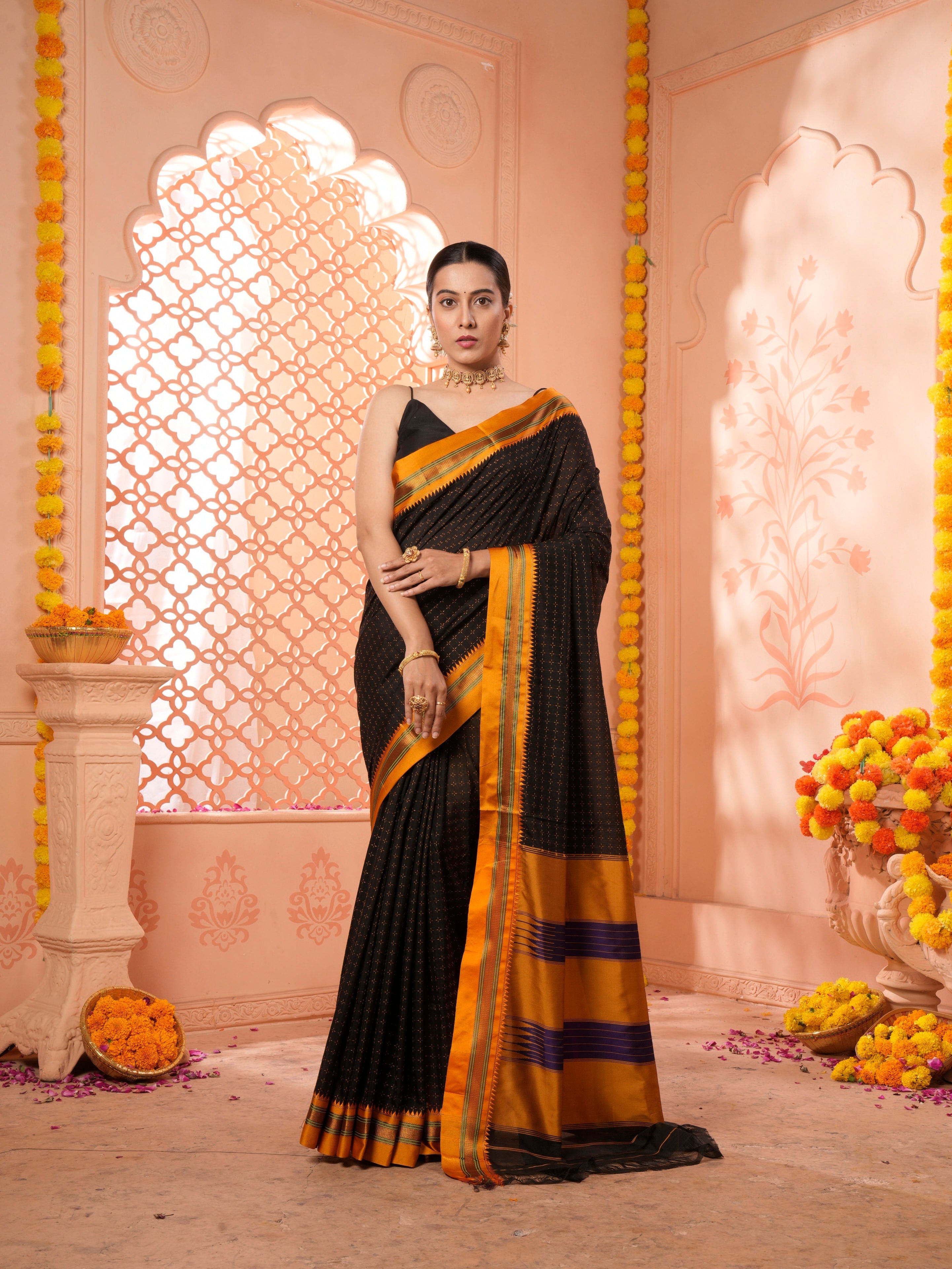 Buy Black Silk Saree With Blouse Piece Nitaraa