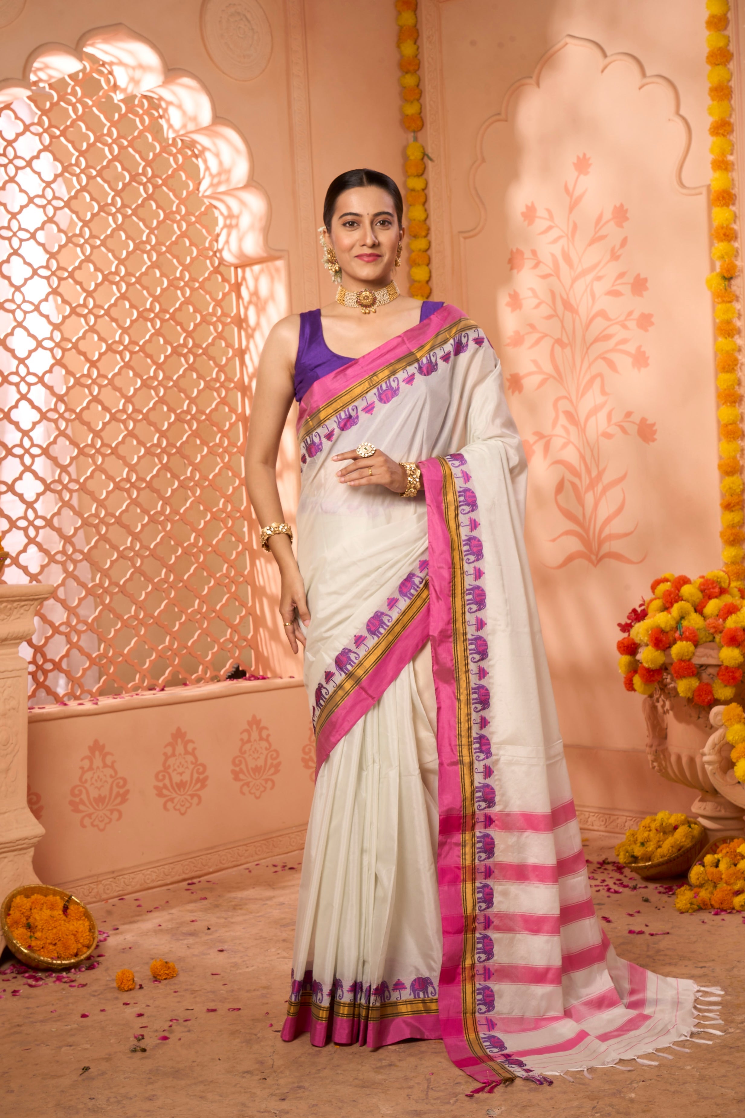 Buy Baby Pink Kashmiri Silk Saree With Blouse Piece Nitaraa