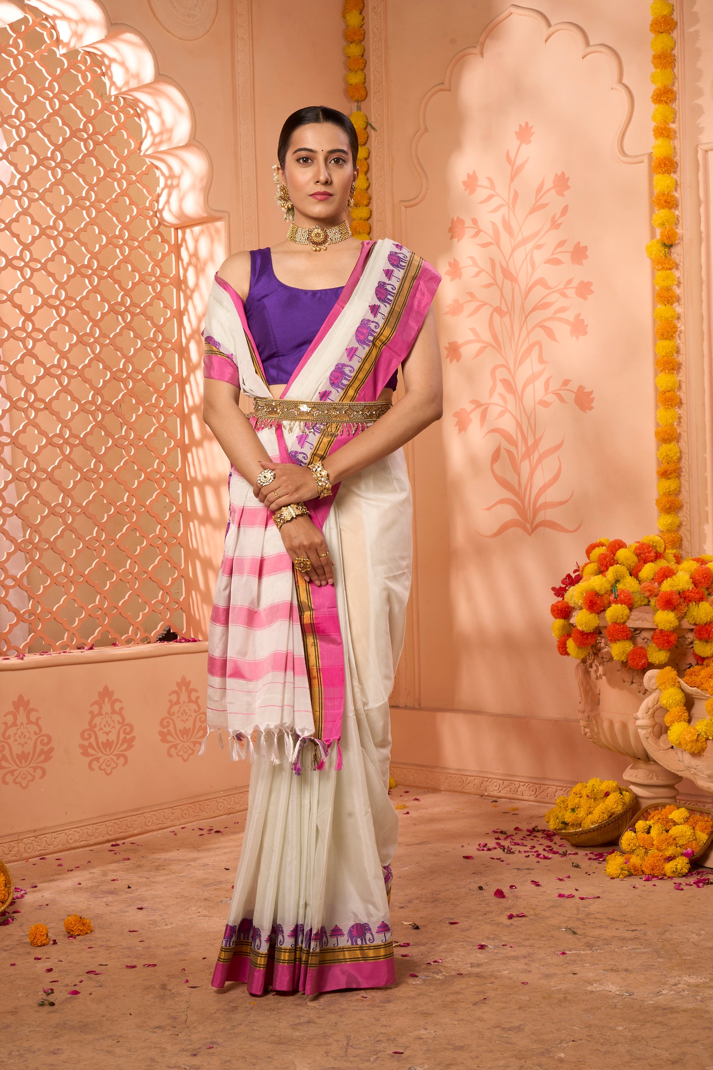 Buy Orange Zari based Silk Saree With Blouse Piece Nitaraa