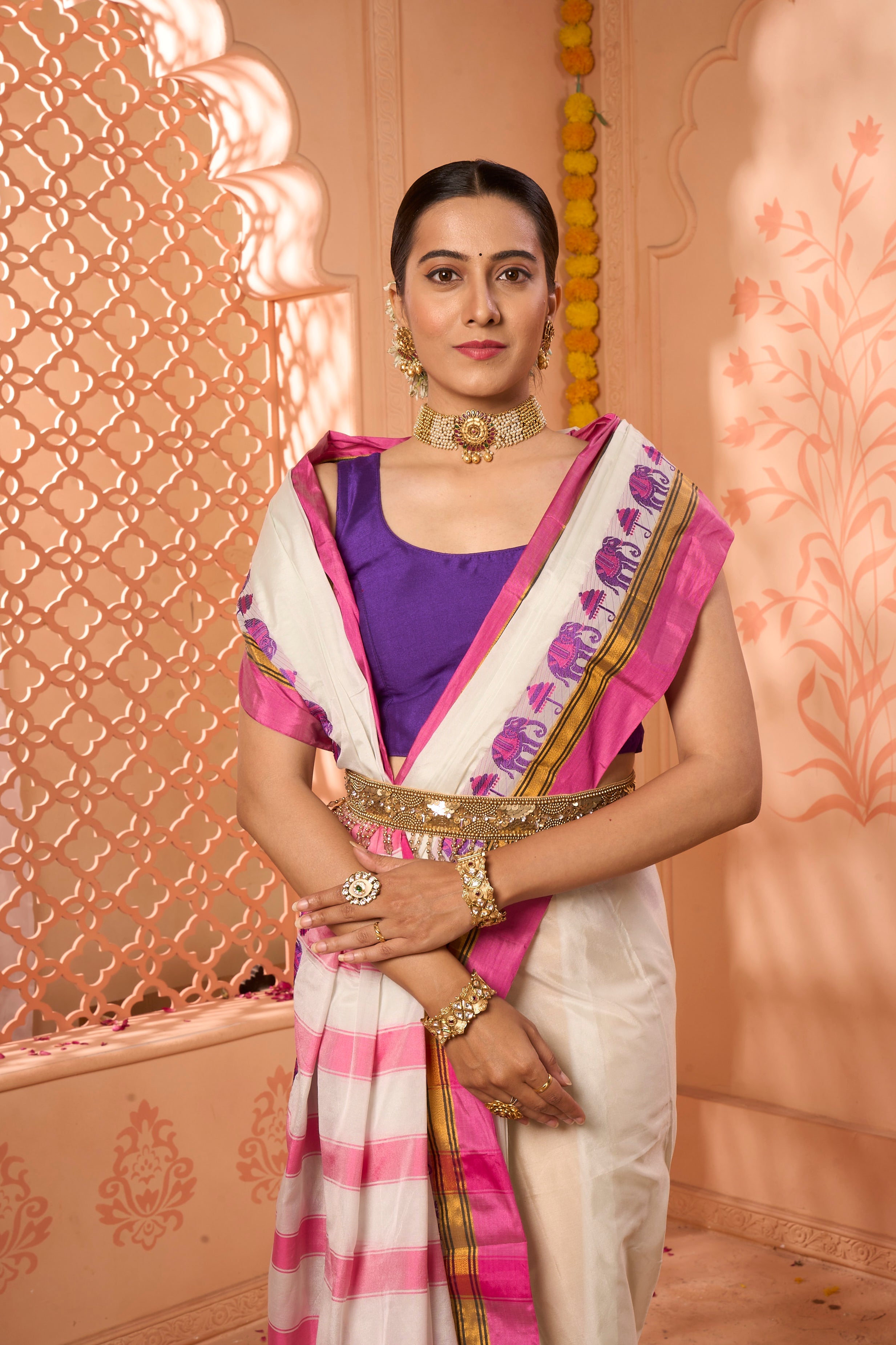 Buy Peach Kashmiri Silk Saree With Blouse Piece Nitaraa