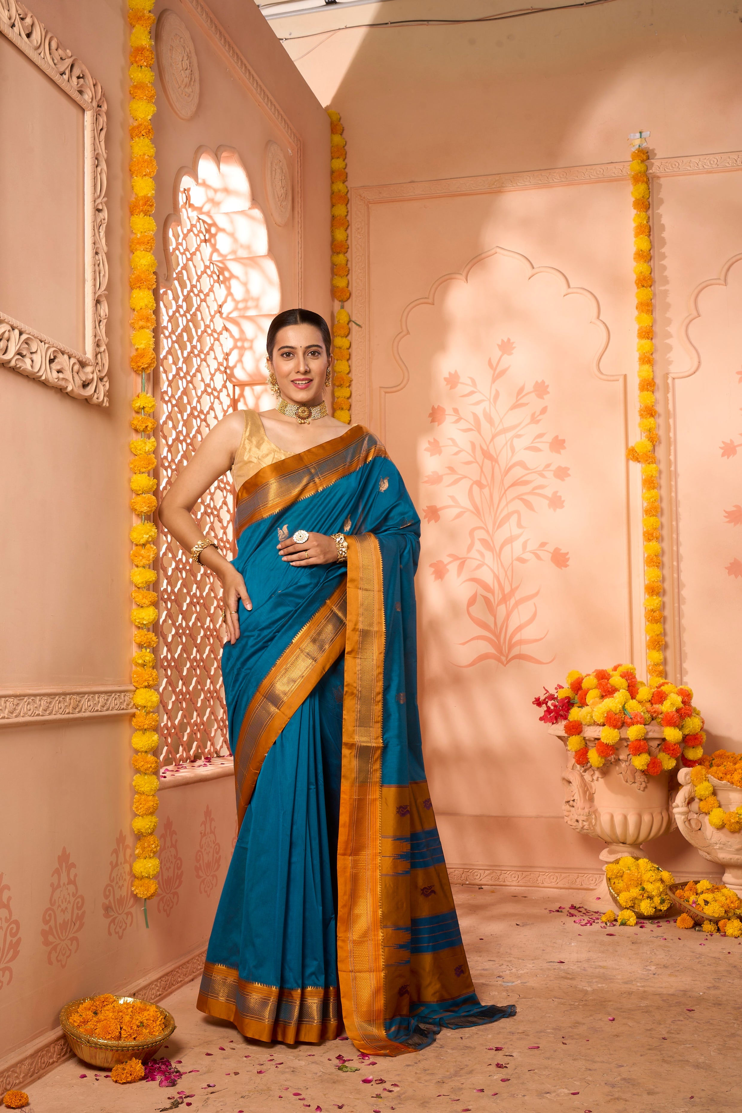 Buy Teal Blue Banarasi Art Silk Saree Nitaraa