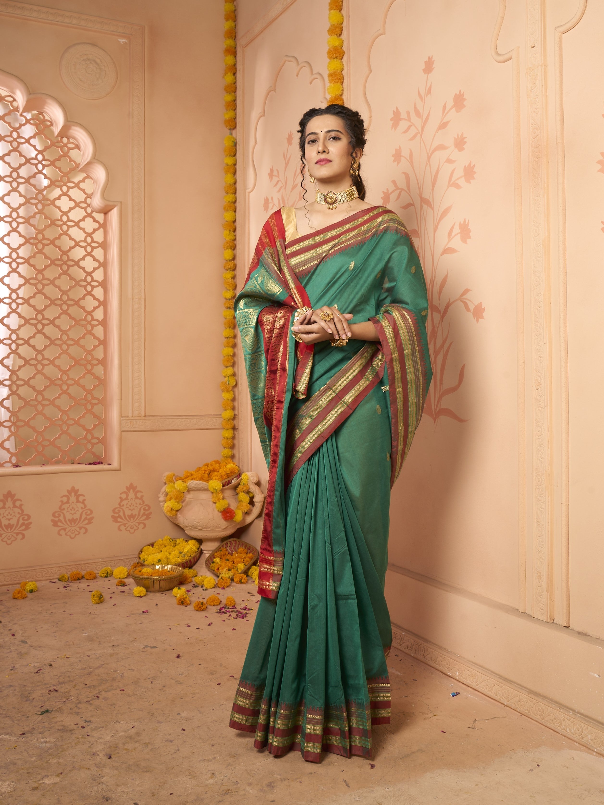 Buy Mint Green Cotton Lucknawi Saree Nitaraa