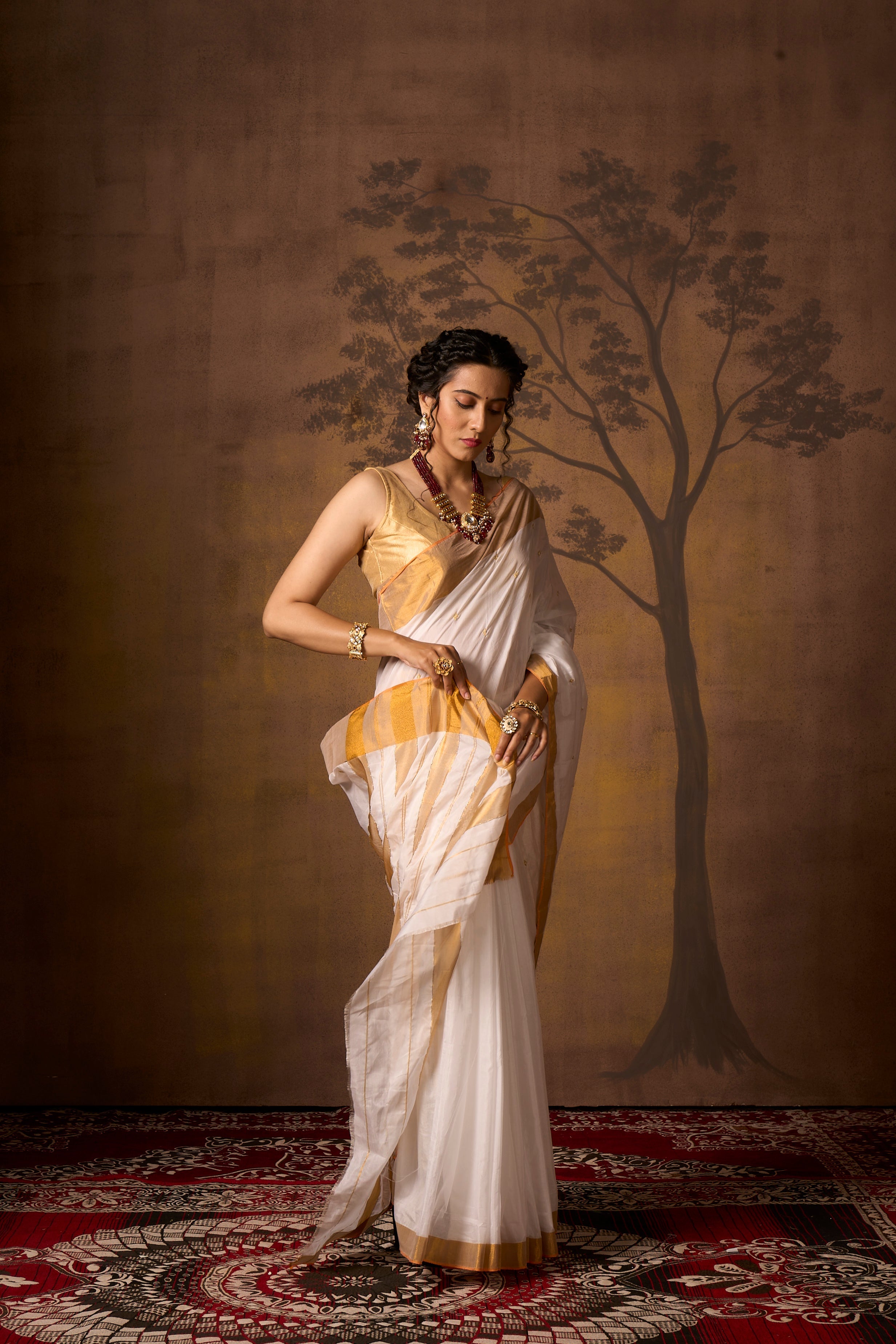 Buy Cream Tussar Silk Blend Saree Nitaraa