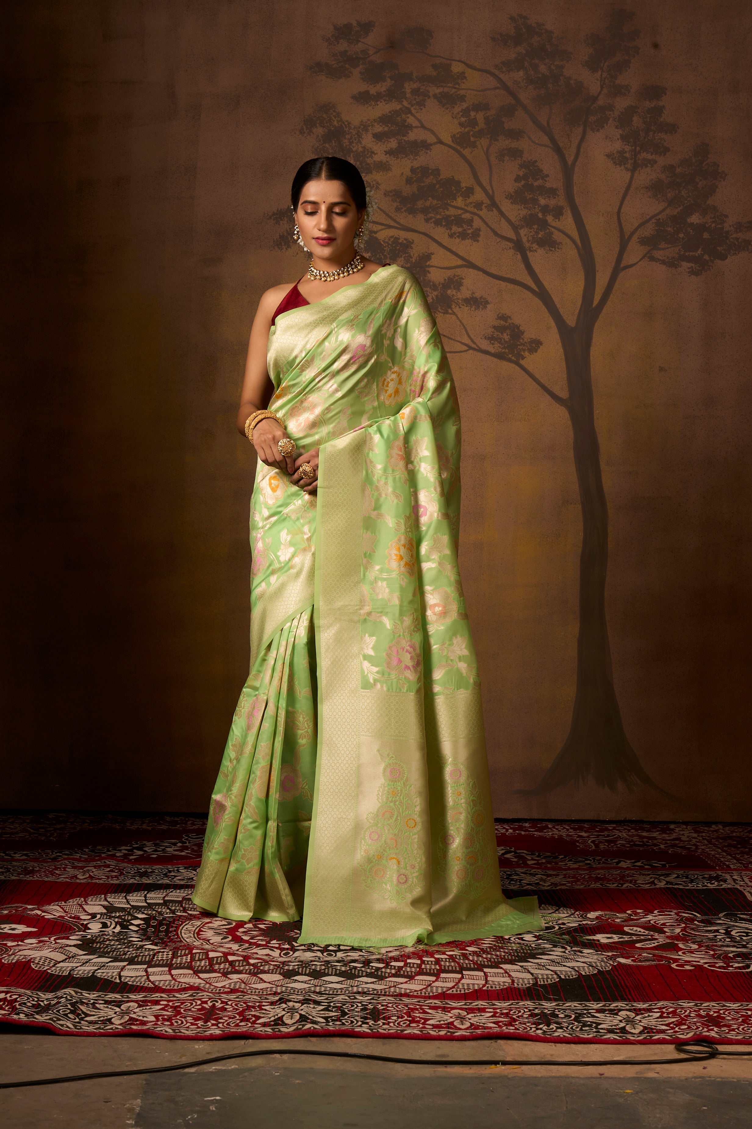 Buy Yellow Satin Banarasi Silk Saree With Blouse Piece Nitaraa