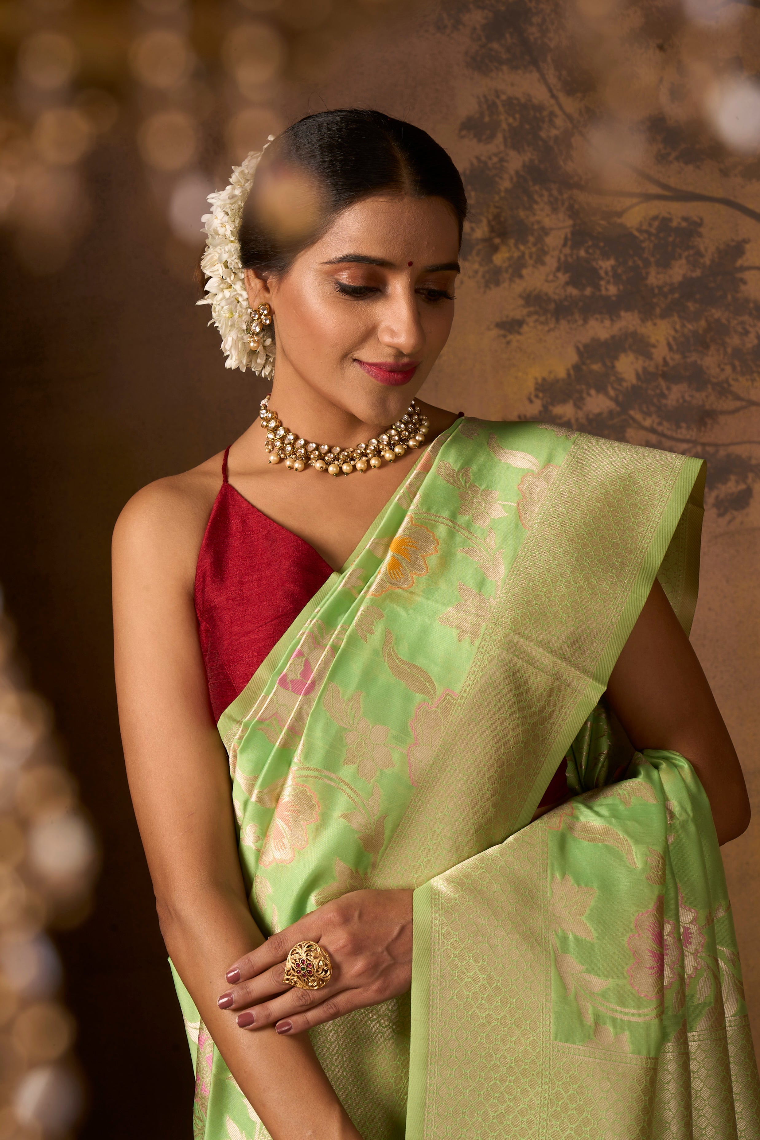 Buy Ocean Blue Satin Banarasi Silk Saree With Blouse Piece Nitaraa