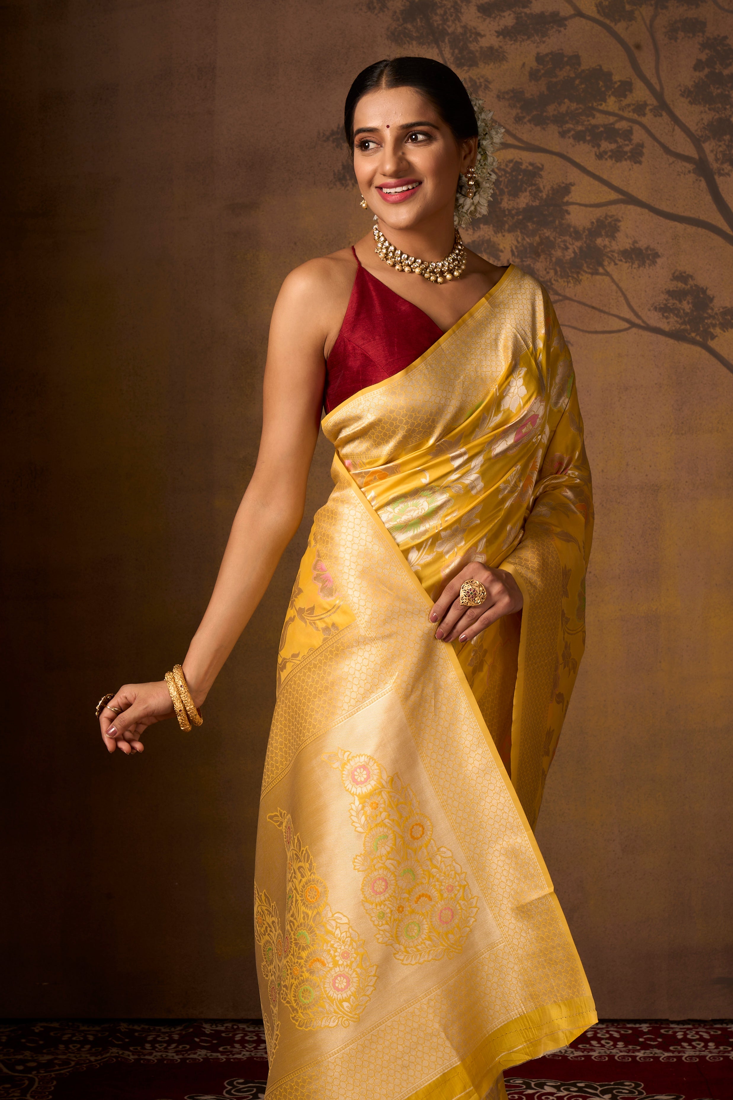 Buy Yellow Banarasi Silk Saree With Blouse Piece Nitaraa
