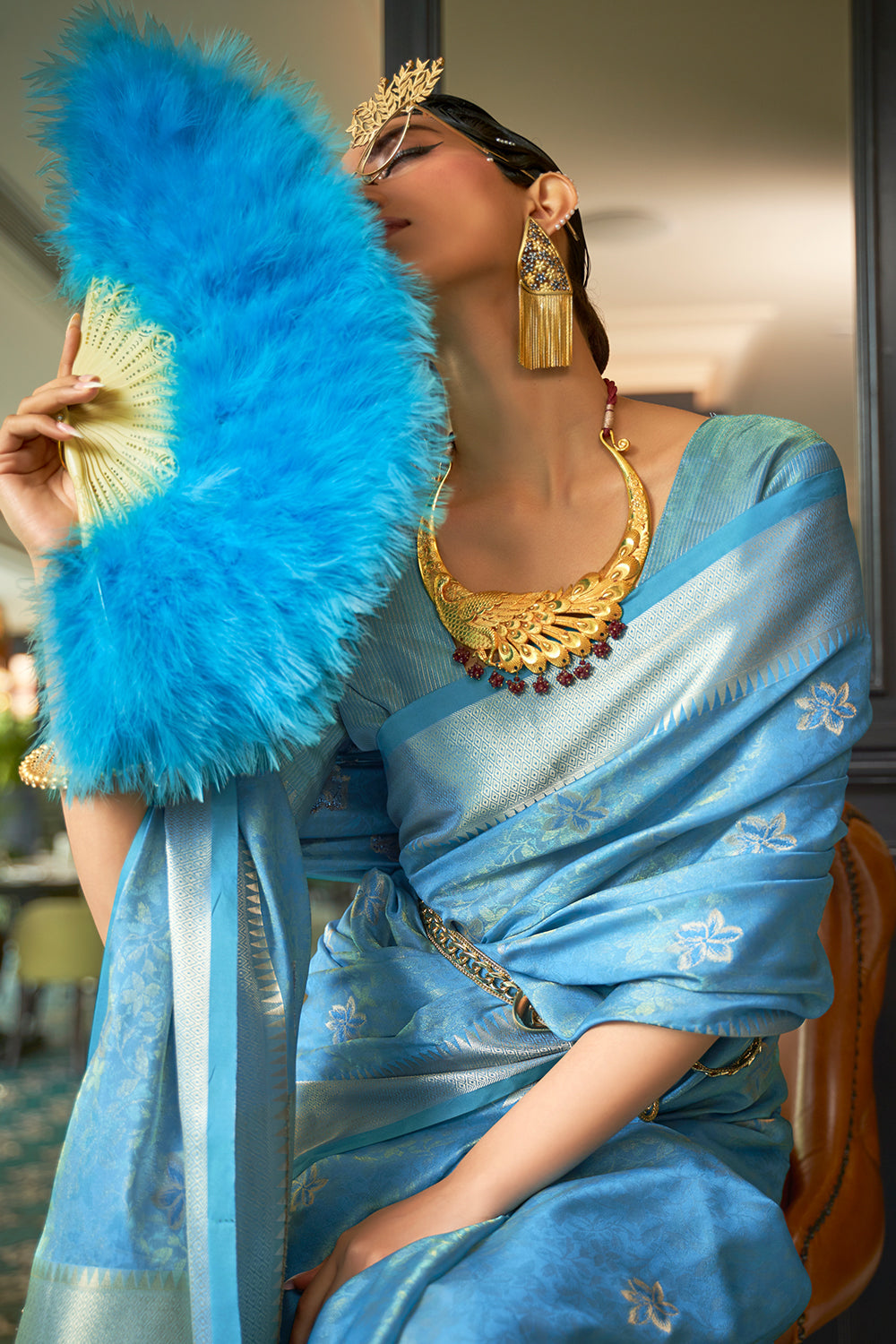 Buy Teal Blue Banarasi Chanderi Saree Nitaraa