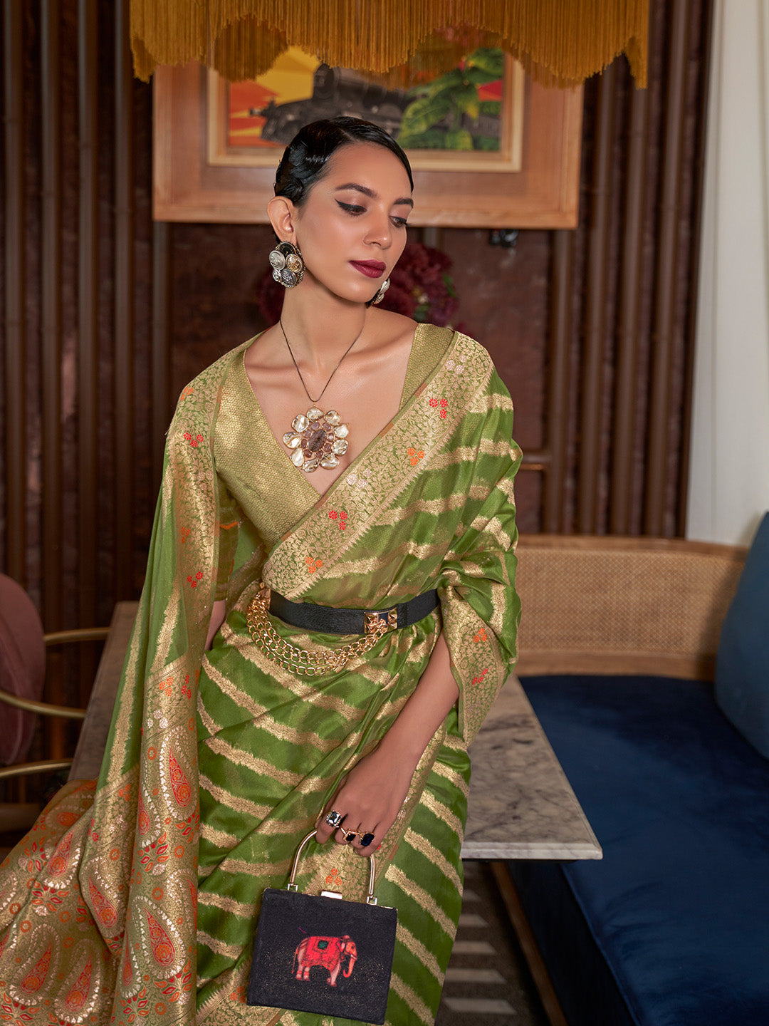Mehendi Green Meenakari Weaving Organza Silk Saree