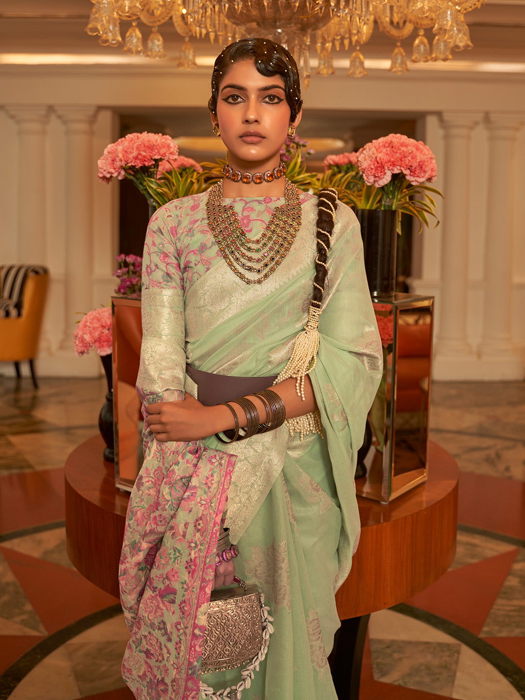 GREEN MODAL KASHMIRI PALLU AND BLOUSE HANDLOOM WEAVING SAREE