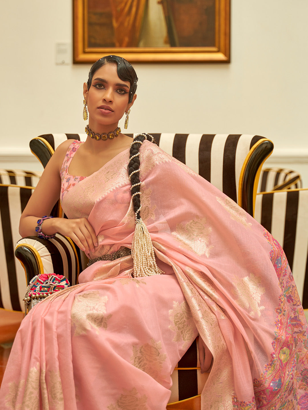 PINK MODAL KASHMIRI PALLU AND BLOUSE HANDLOOM WEAVING SAREE