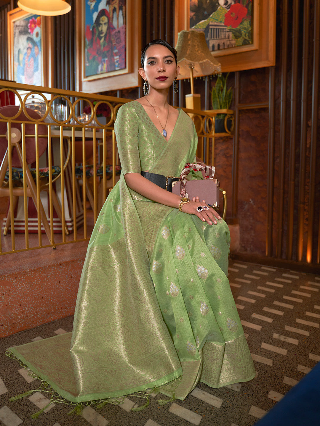 Lime Green Tessar Silk Handloom Weaving Saree