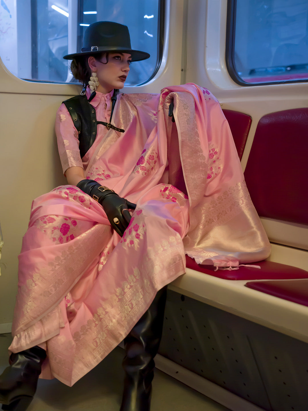 Pink Katan Silk Saree