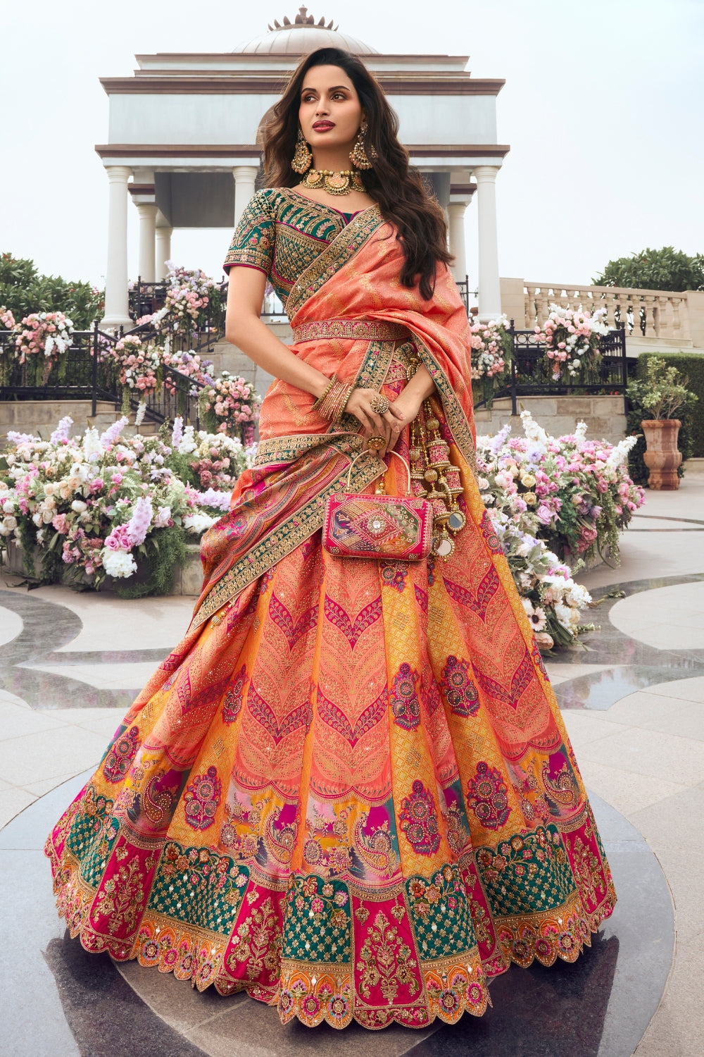 MULTICOLOR BANARASI SILK WITH ZARKAN CODDING WORK LEHENGA