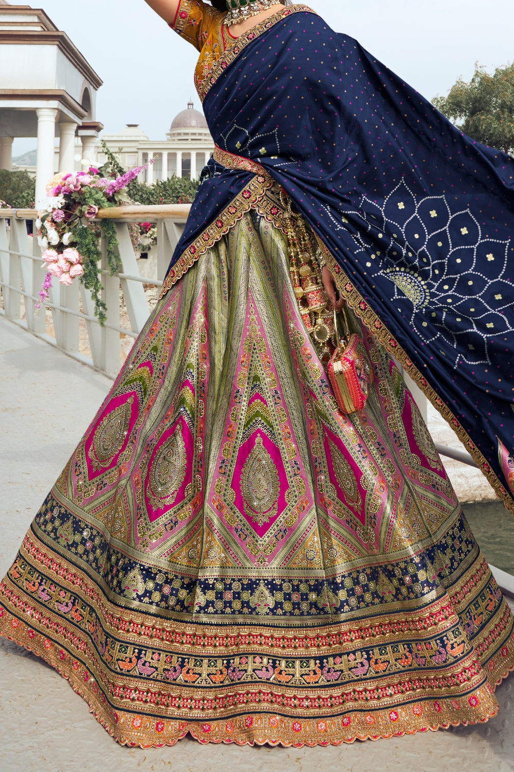 MULTICOLOR BANARASI SILK WITH ZARKAN CODDING WORK LEHENGA