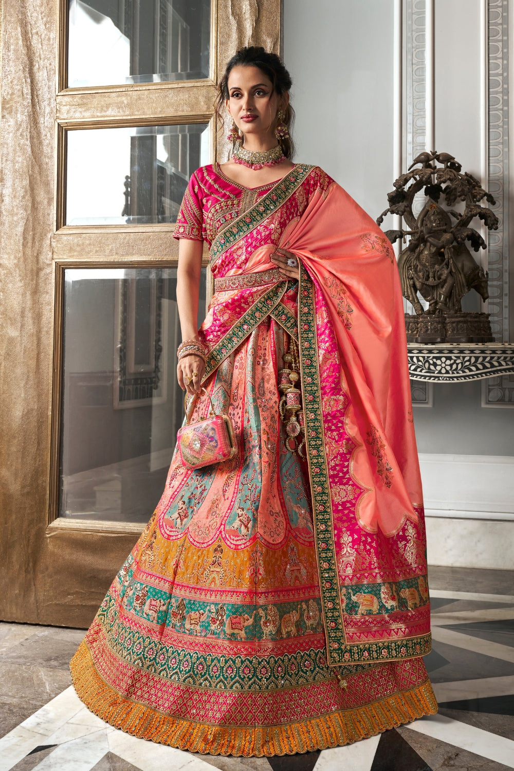 MULTICOLOR BANARASI SILK WITH ZARKAN CODDING WORK LEHENGA