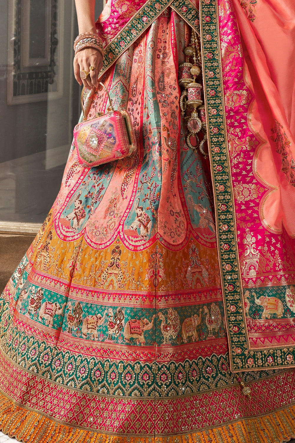 MULTICOLOR BANARASI SILK WITH ZARKAN CODDING WORK LEHENGA