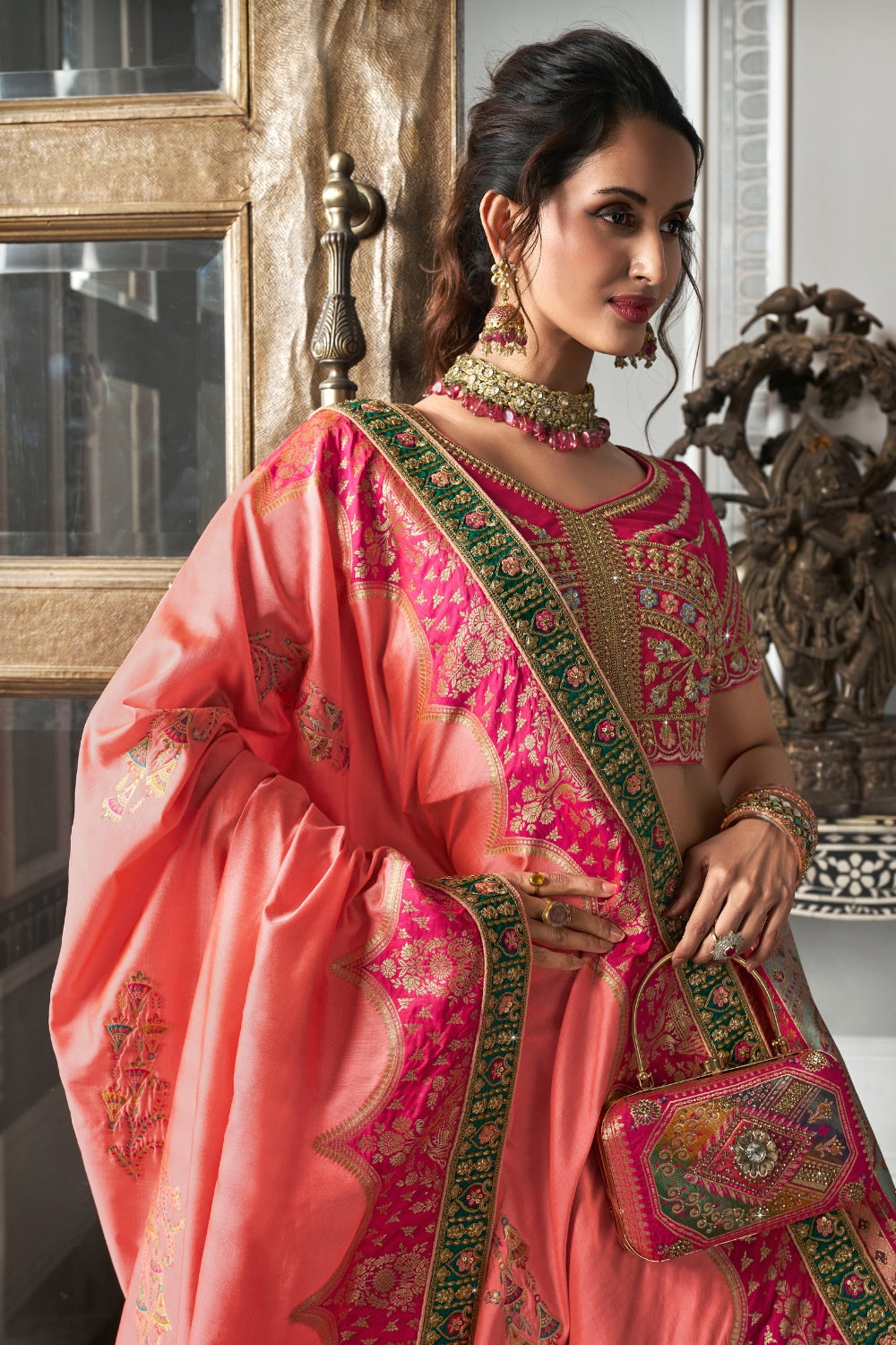 MULTICOLOR BANARASI SILK WITH ZARKAN CODDING WORK LEHENGA