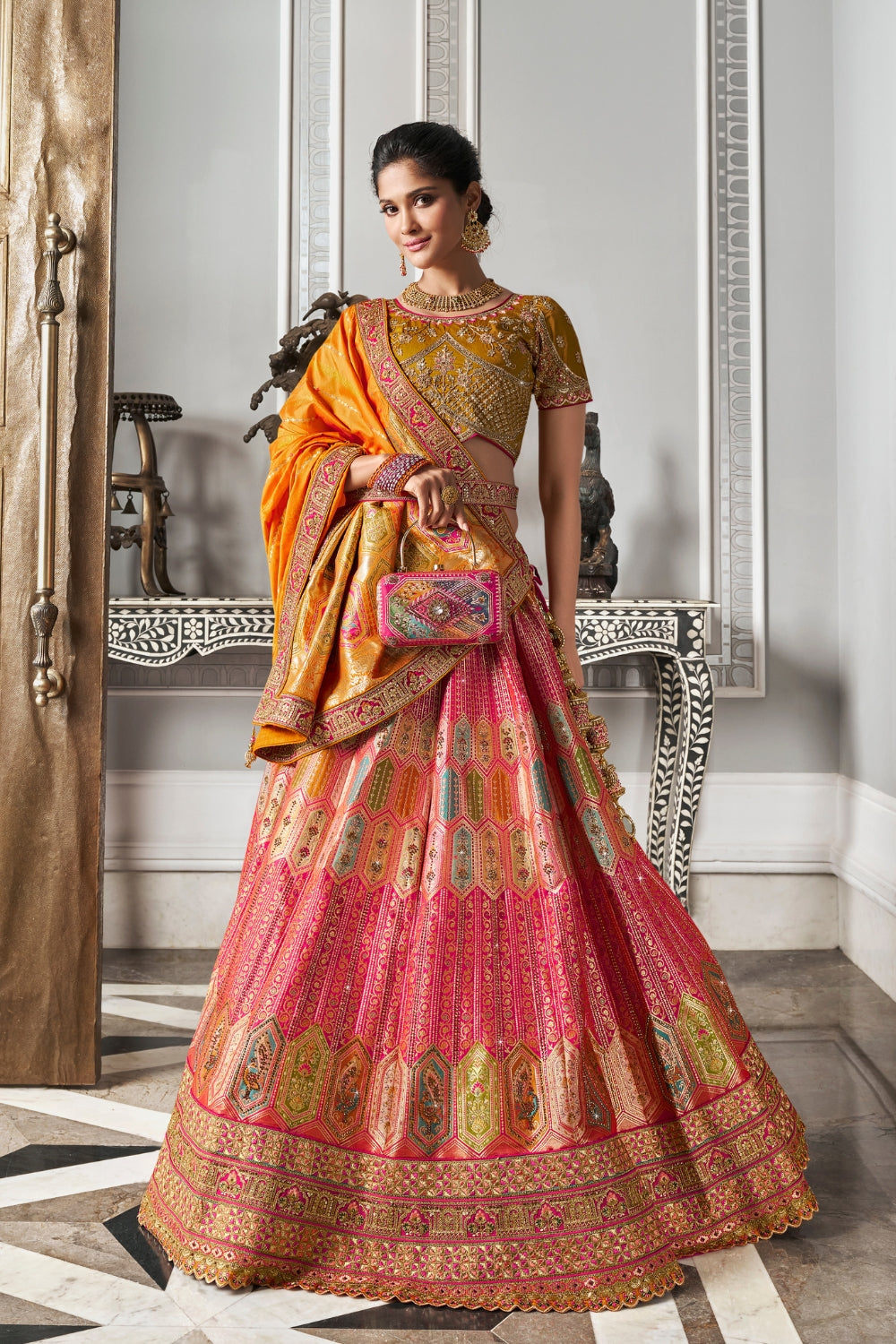 MULTICOLOR BANARASI SILK WITH ZARKAN CODDING WORK LEHENGA