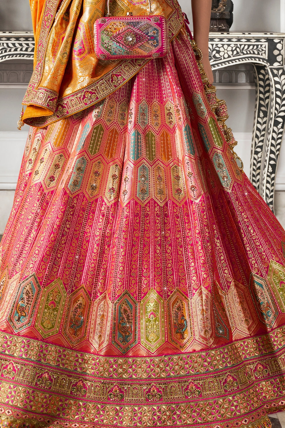 MULTICOLOR BANARASI SILK WITH ZARKAN CODDING WORK LEHENGA