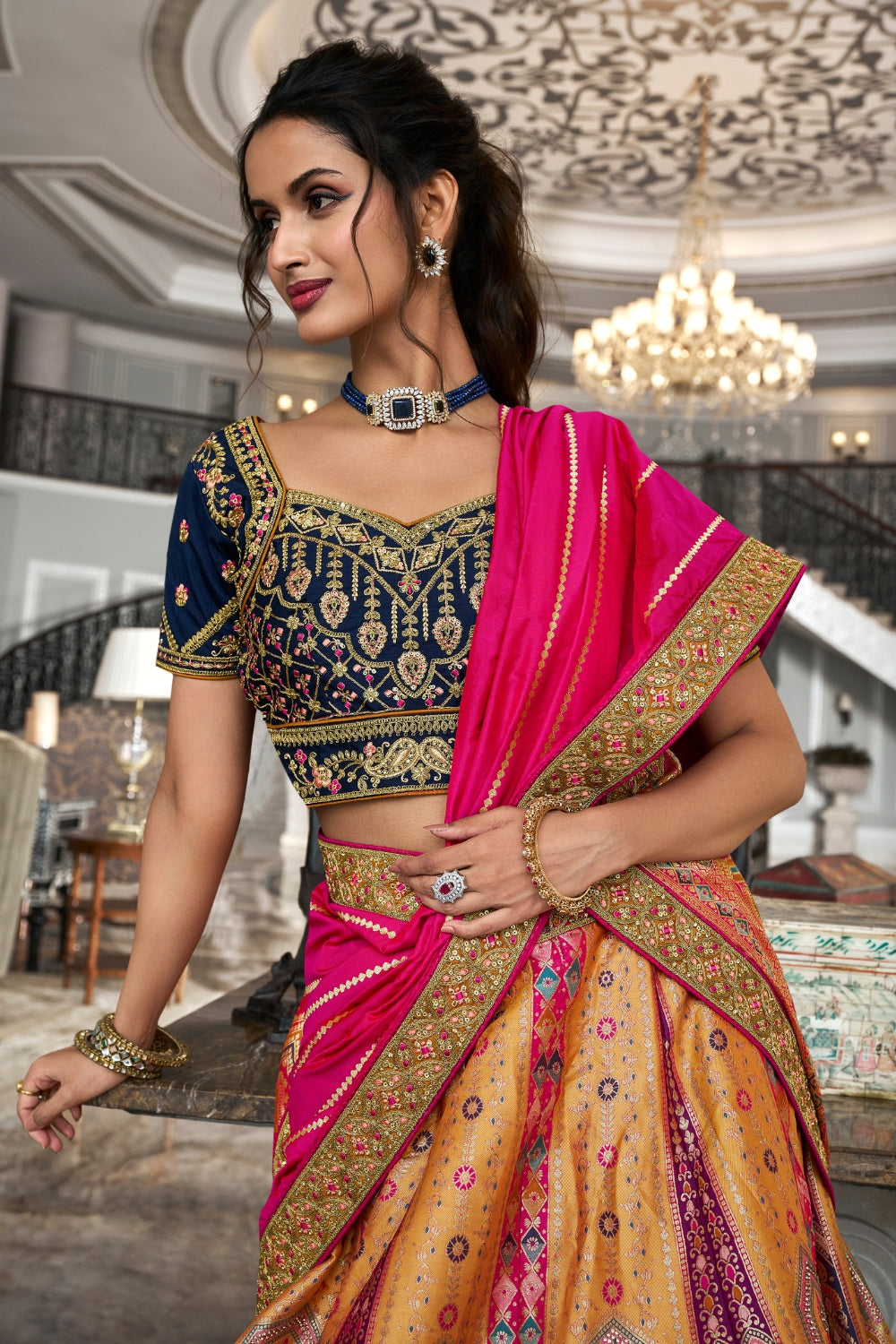 MULTICOLOR BANARASI SILK WITH ZARKAN CODDING WORK LEHENGA