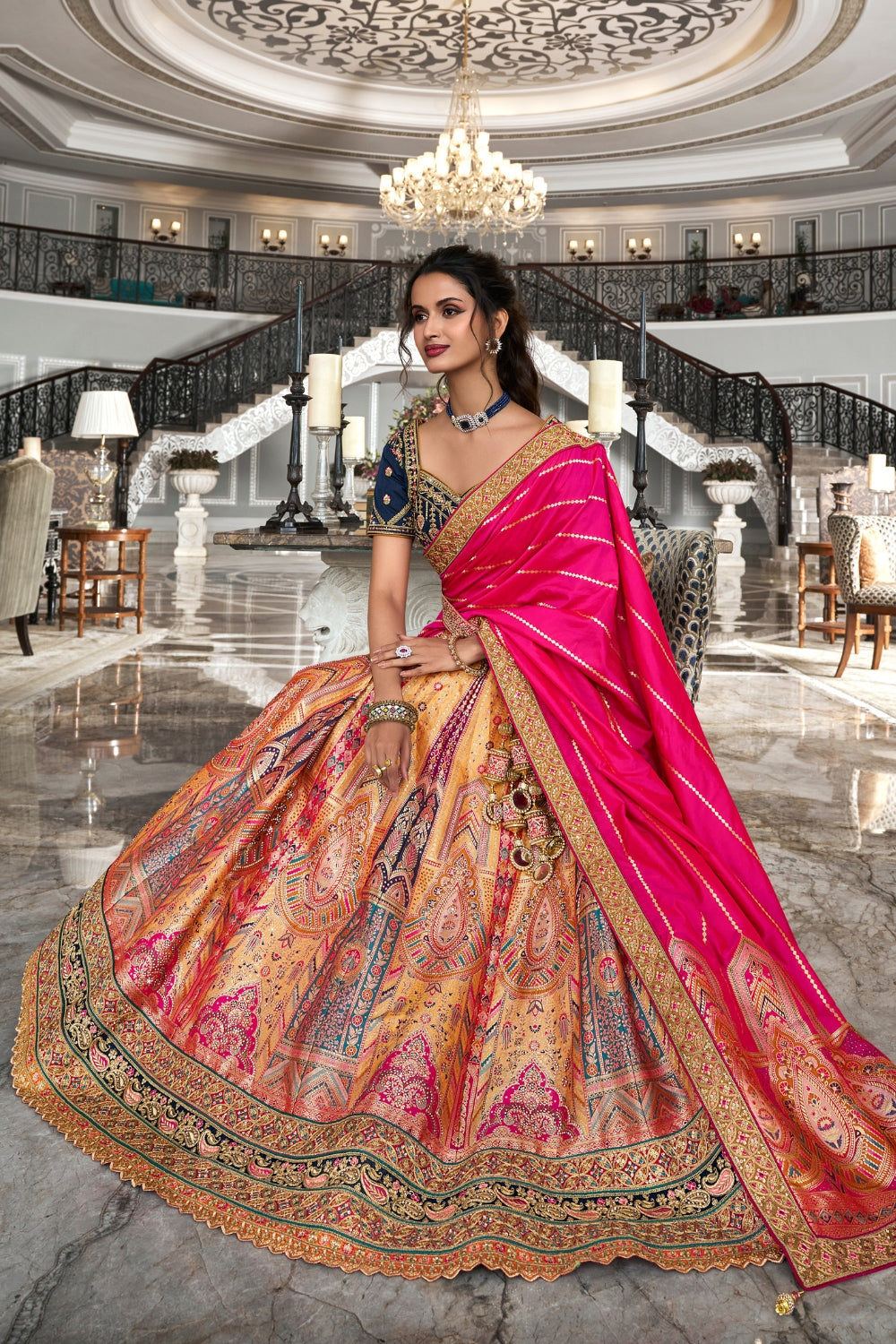 MULTICOLOR BANARASI SILK WITH ZARKAN CODDING WORK LEHENGA