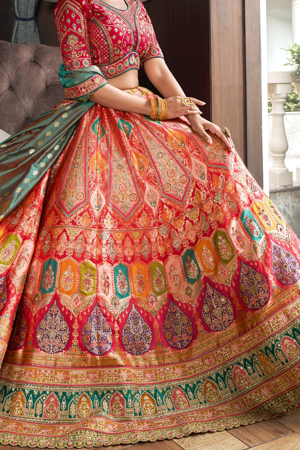 MULTICOLOR BANARASI SILK WITH ZARKAN CODDING WORK LEHENGA