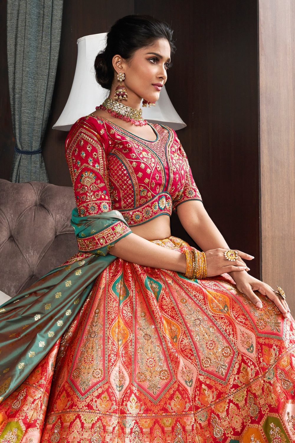 MULTICOLOR BANARASI SILK WITH ZARKAN CODDING WORK LEHENGA