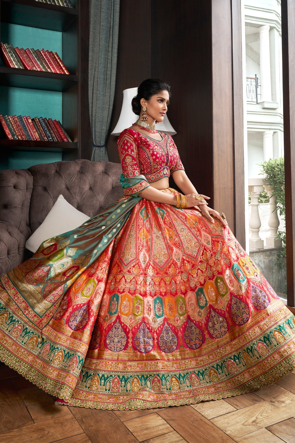 MULTICOLOR BANARASI SILK WITH ZARKAN CODDING WORK LEHENGA