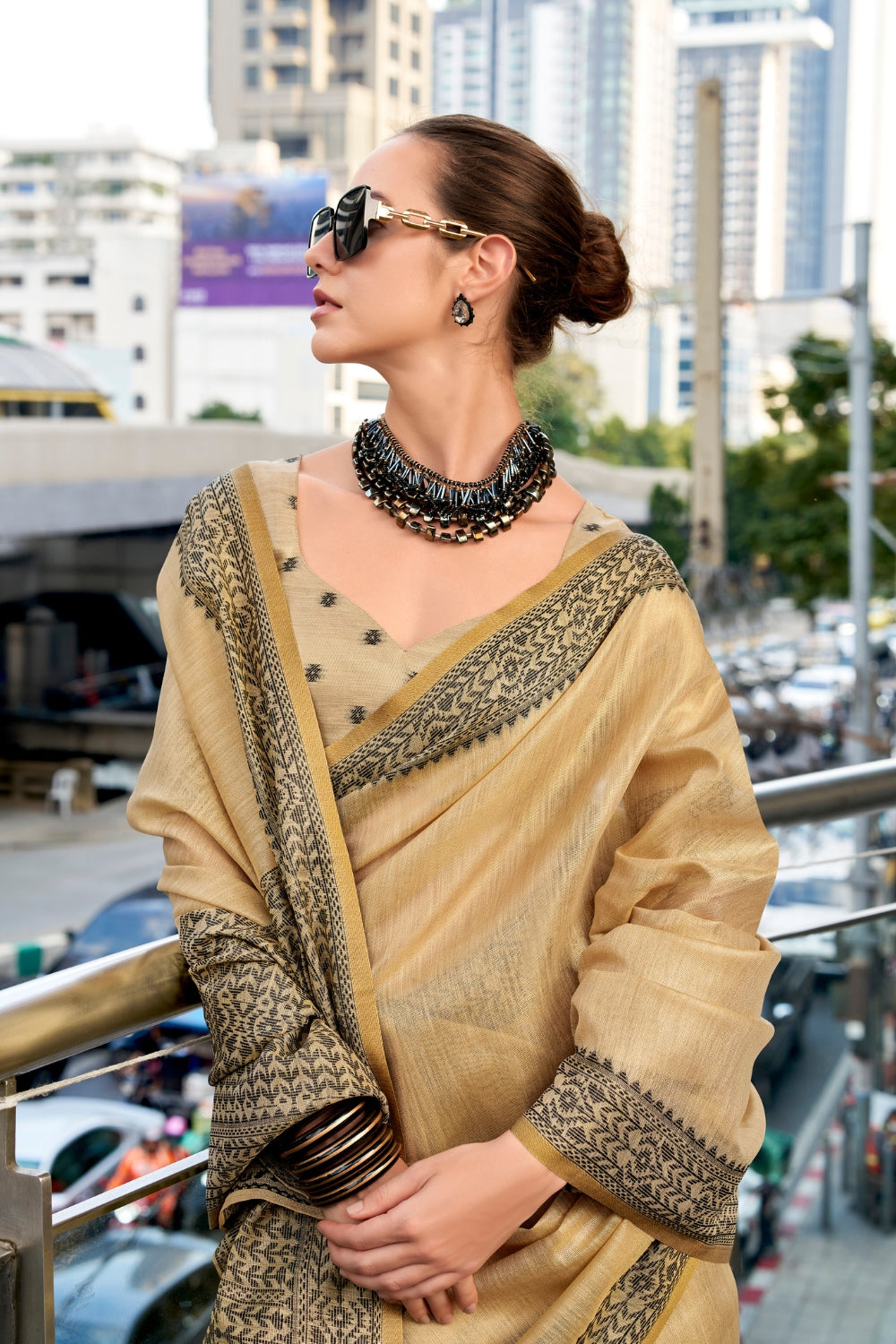 Cream Tissue Linen Saree