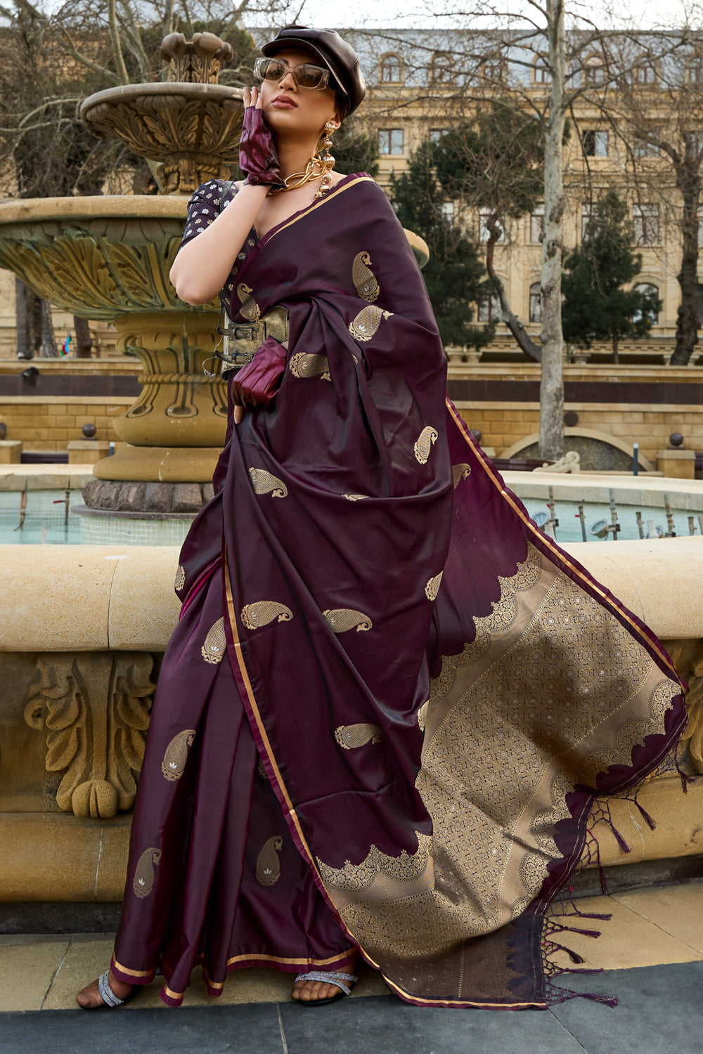 Wine Banarasi Silk Saree