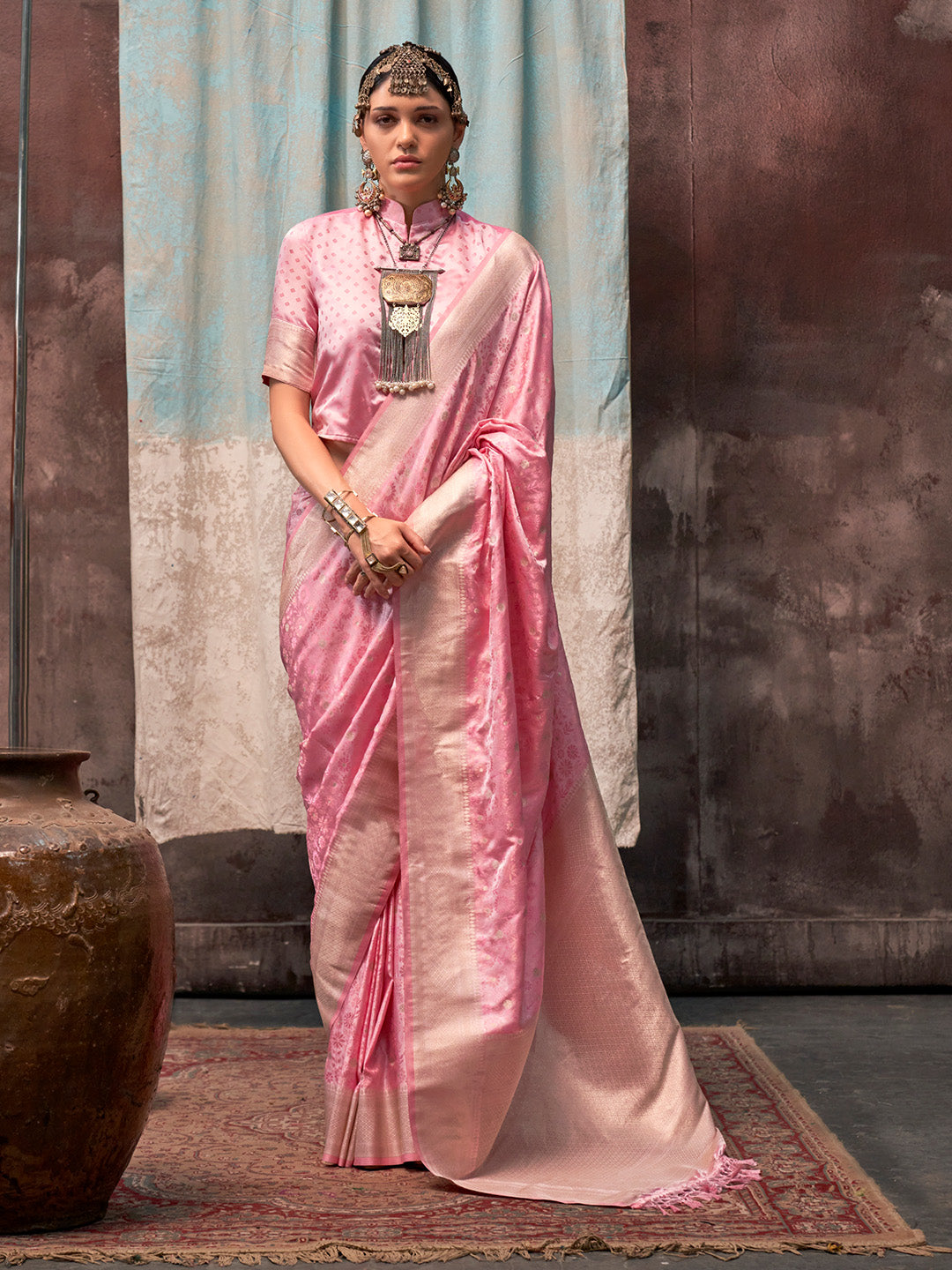 Pink Satin Saree