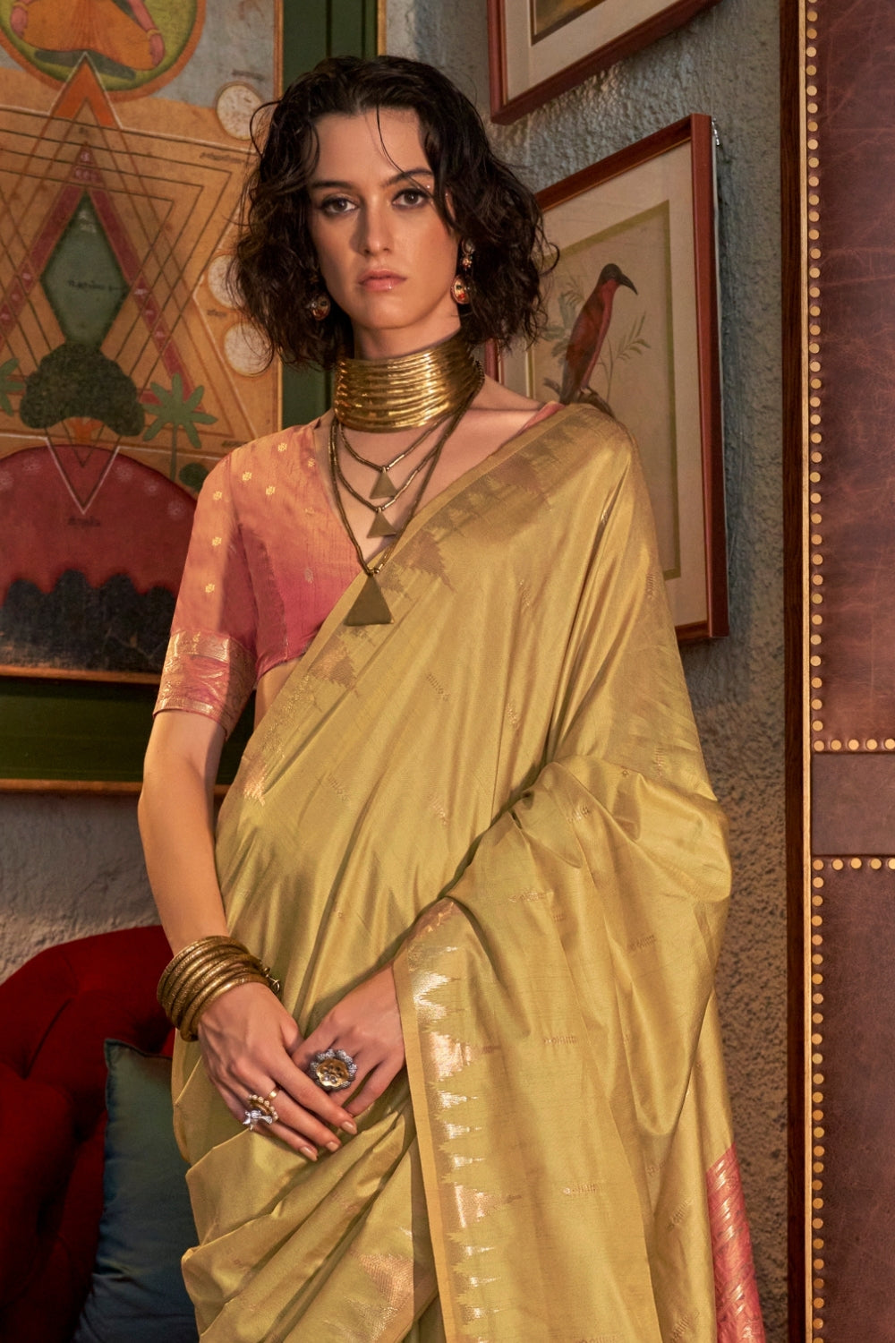 Yellow Tussar Silk Saree