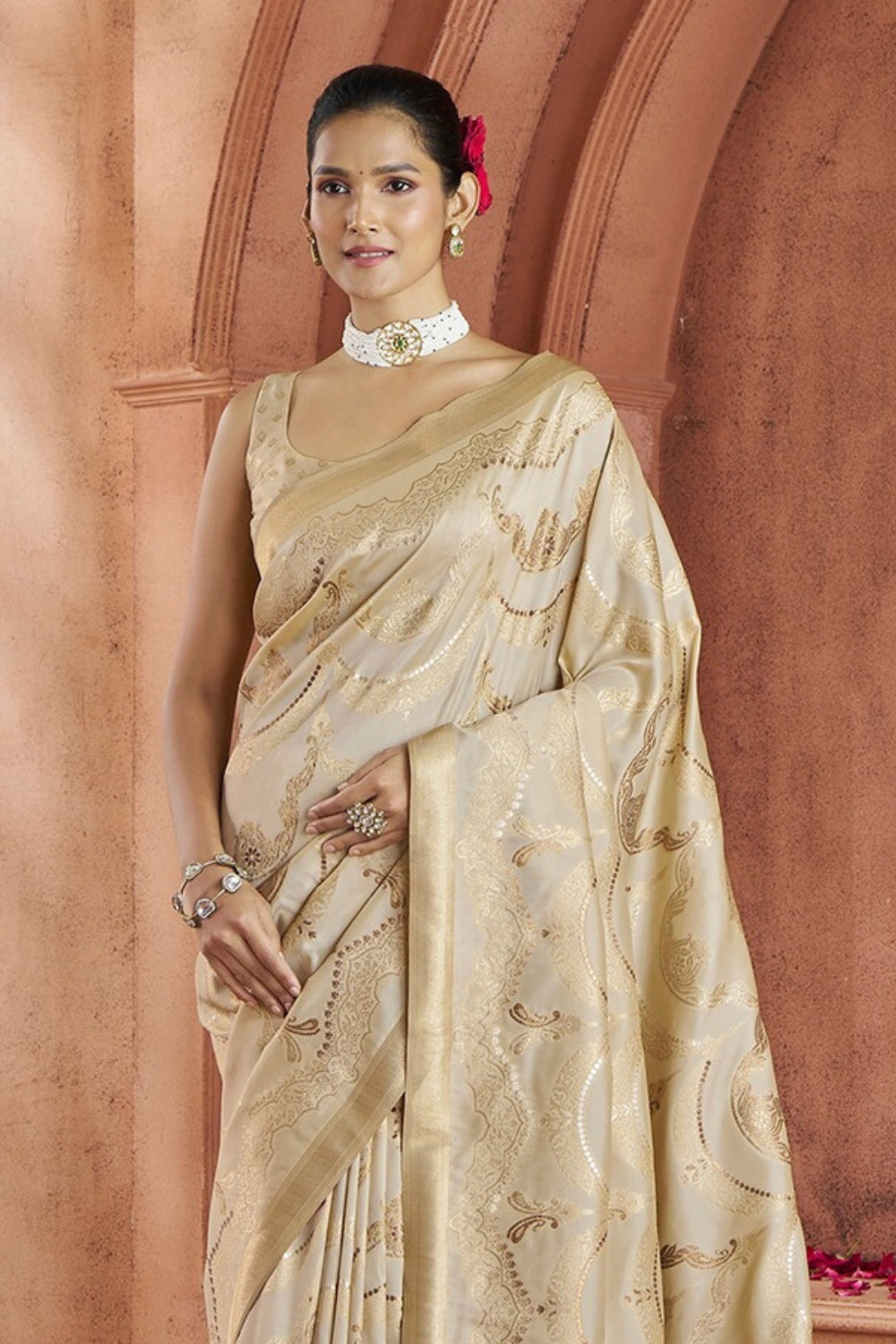 Beige Banarasi Silk Saree