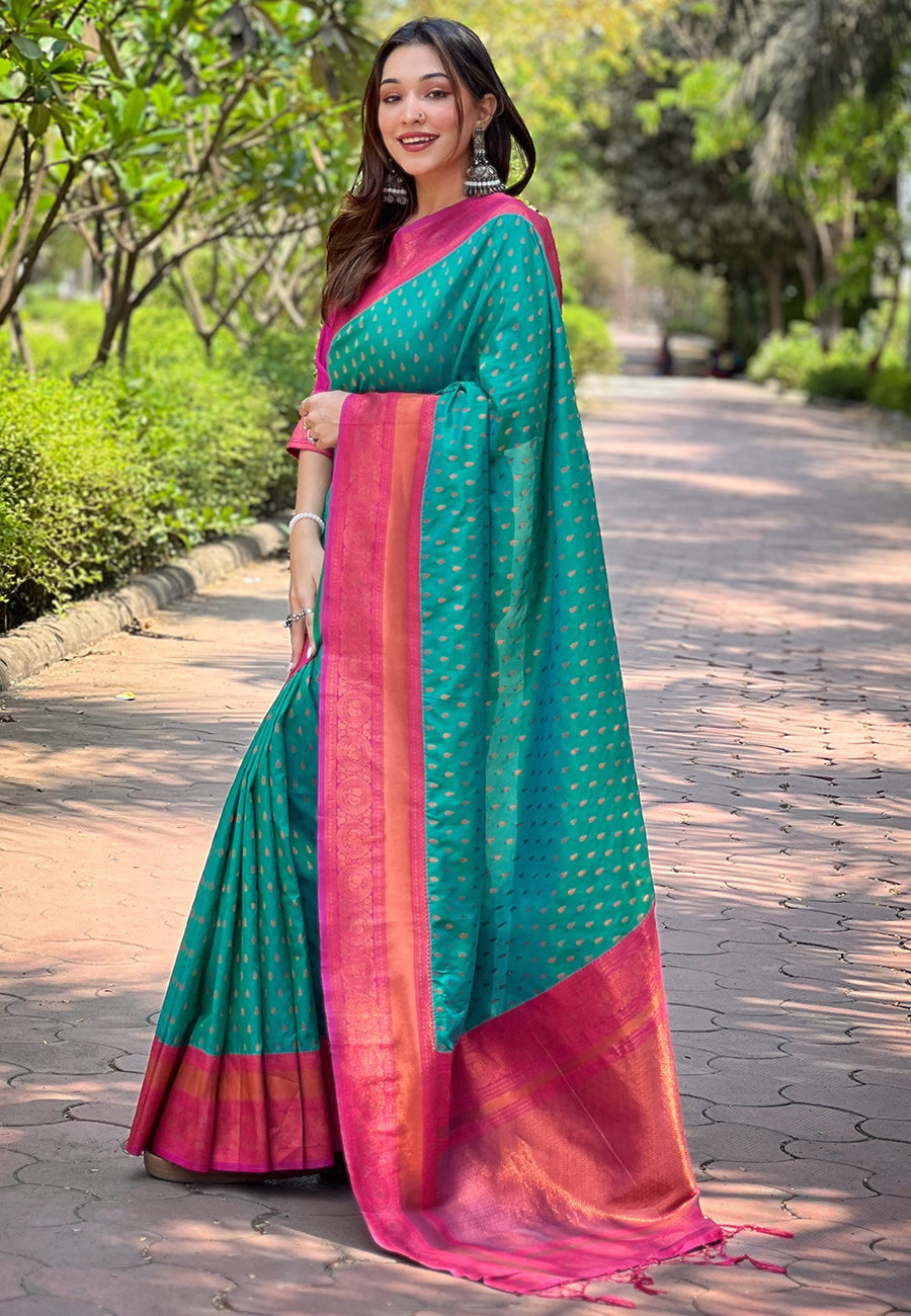 GREEN  BANARASI SILK BLEND SAREE