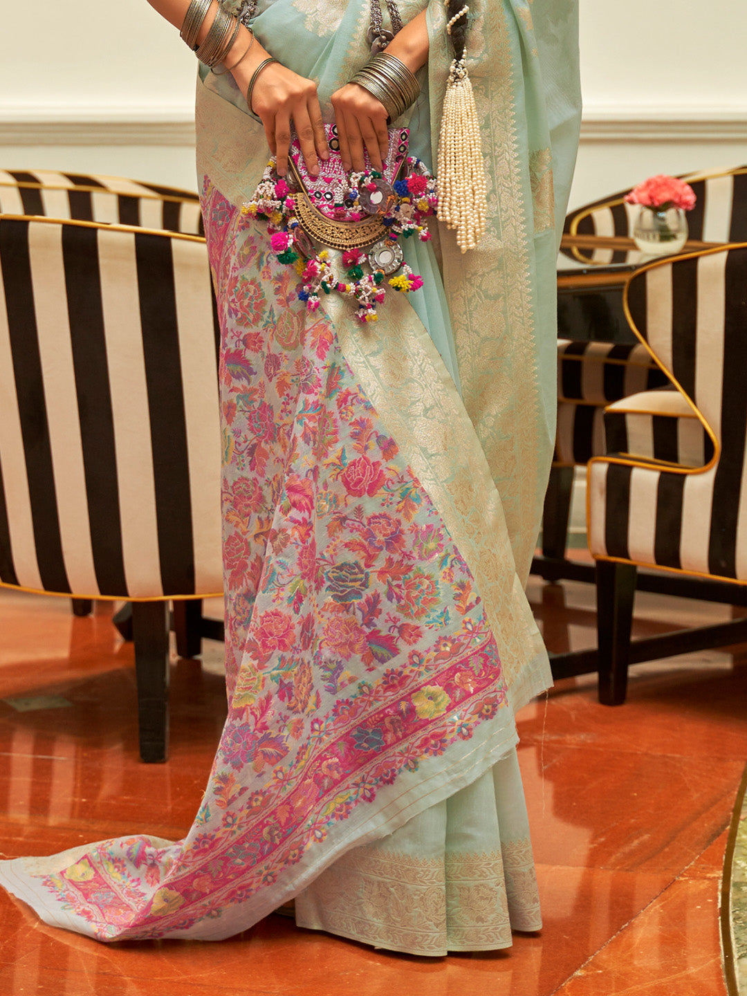BLUE MODAL KASHMIRI PALLU AND BLOUSE HANDLOOM WEAVING SAREE